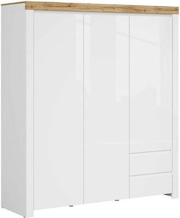 Kledingkast Sonsoru 120, Wotan eik, Wit, Glanzend wit, 204x181x57cm, 139 kg, Kledingkast deuren: Met scharnieren, Aantal planken: 5, Aantal planken: 5