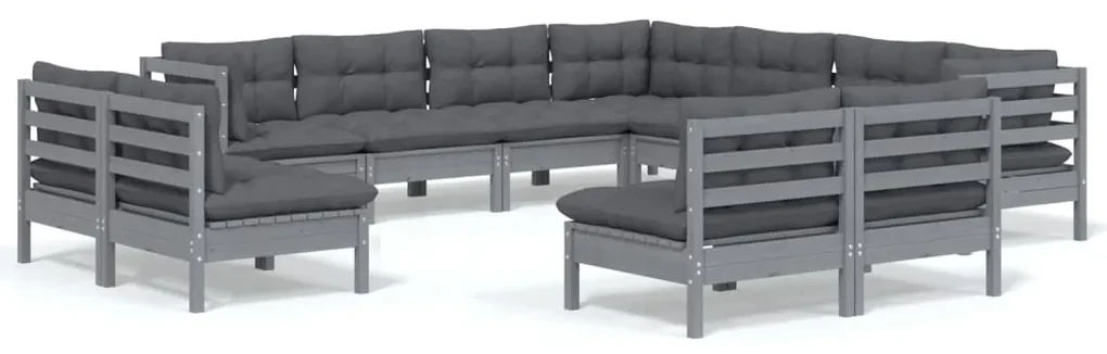 vidaXL 11-delige Loungeset met kussens massief grenenhout grijs