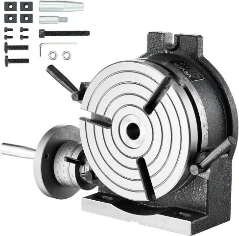 VEVOR draaitafel met verdeelkop, horizontaal/verticaal zwenkbaar, 200 mm draaitafel, voor frees- en boormachines, met T-sleuf en schaalverdeling, wormwielverstelling, gemaakt van gietijzer, precisie-indexering.