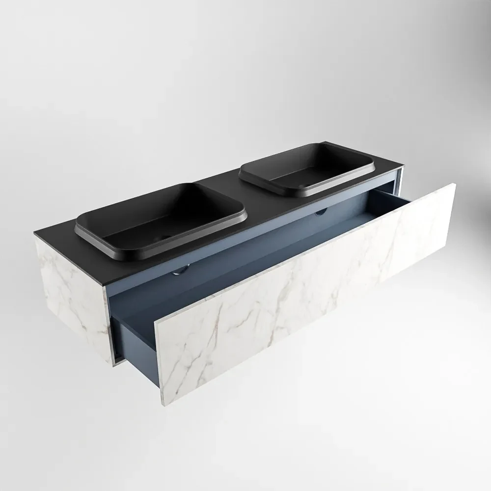 Mondiaz Erin 150cm badmeubel Carrara met 1 lade en zwarte wastafel dubbel 2 kraangaten
