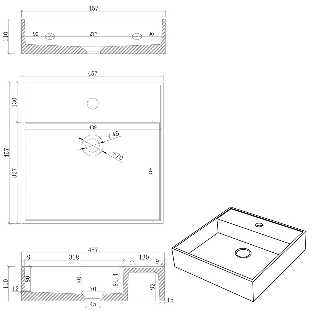 Sapho Quadrado betonnen wastafel 46x46cm wit zandsteen