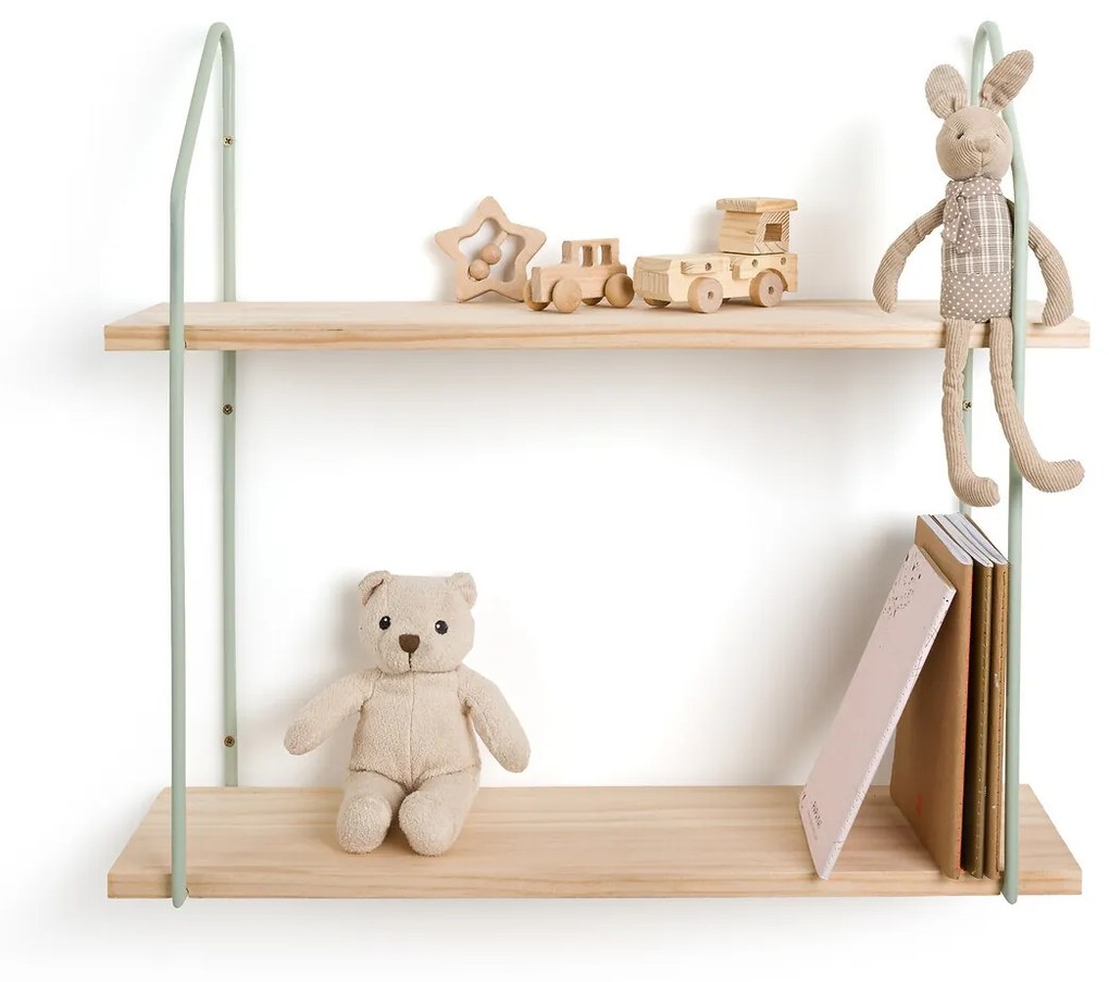 Dubbele wandplank in grenen en ijzer metaal L65 cm, Vinto