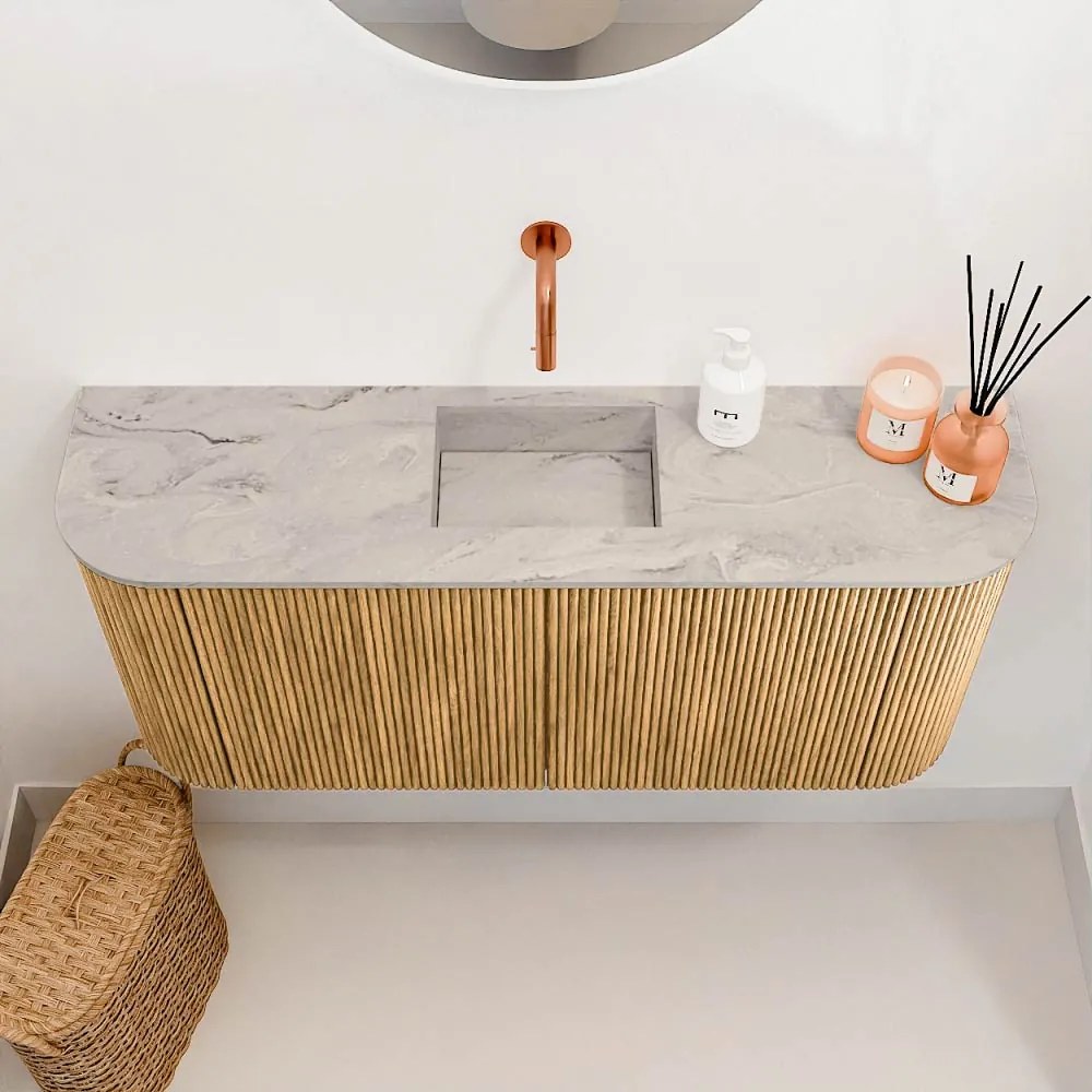 Mondiaz Joya DLux 95cm toiletmeubel ronding links/rechts oak met wastafel faye midden zonder kraangat glace