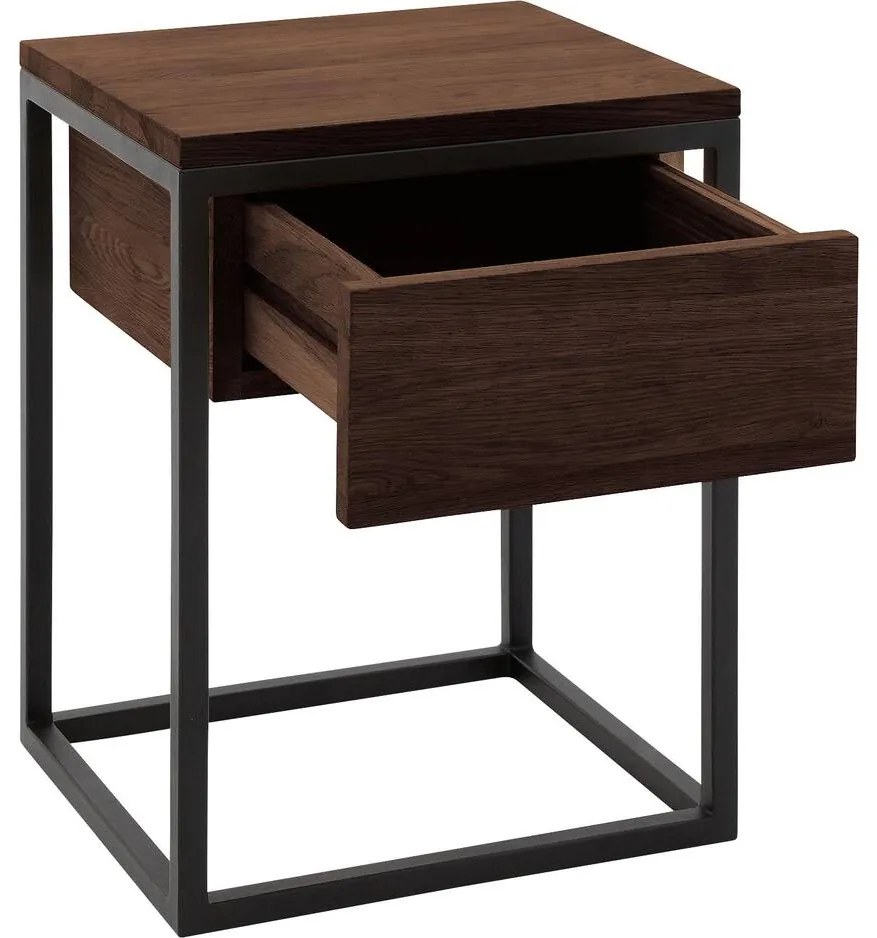 Goossens Nachtkastje Ord, Metaal ral 9005 zwart, met lade en bovenblad massief eik, 40 x 35 x 57 cm hoog