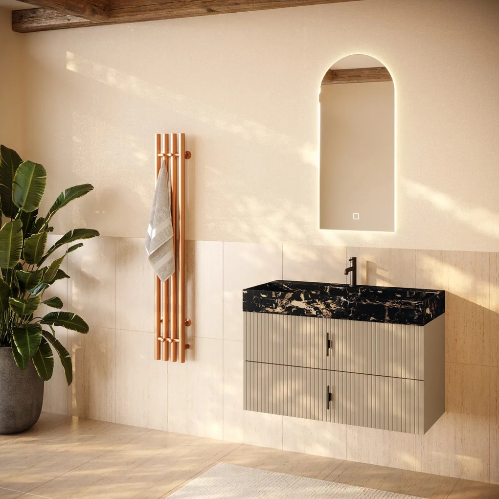 Muebles Murcia badmeubel ribbelfront 100cm macchiato met Portoro Gold wastafel met kraangat