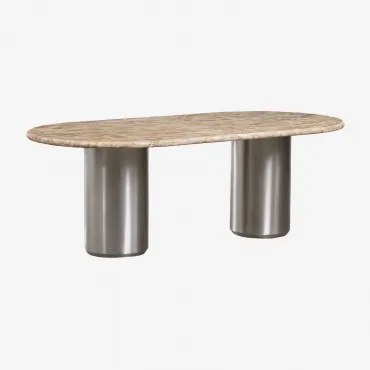 Ovalen Eettafel 220x110 Cm Luceida Beige Marmer Panther & Geborsteld Roestvrij Staal - Sklum