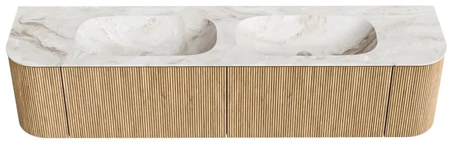 Mondiaz Kurve-dlux 190cm badmeubel ronding links/rechts oak met 2 lades en deuren en wastafel stor small dubbel 2 kraangaten frappe