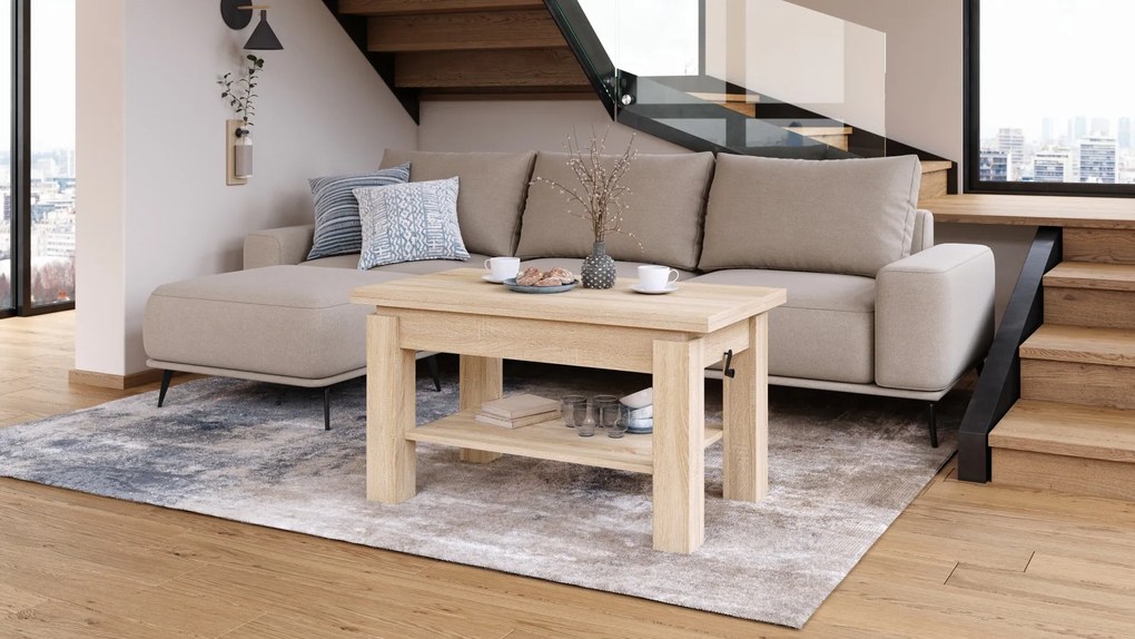 BRAVO sonoma eiken – uitschuifbare en in hoogte verstelbare salontafel, tafel met plank