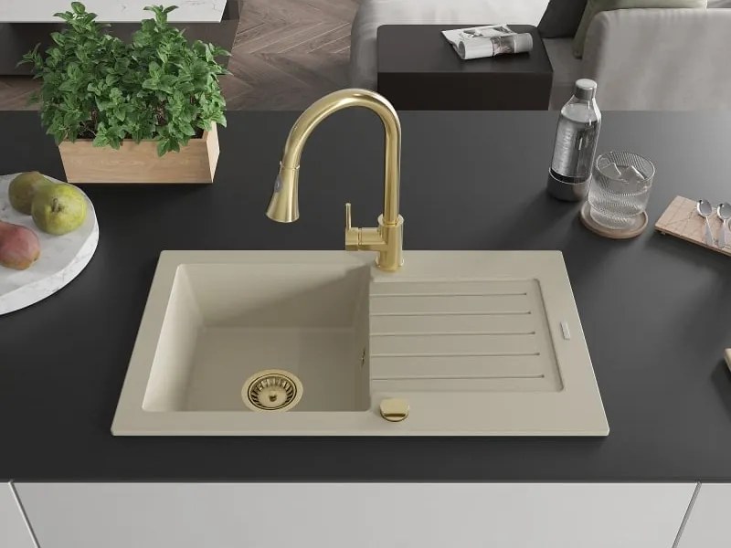 Mexen Pablo granitische gootsteen 1-komoers met afdruipplaat en keukenmenger Elia, beige - 6510-69-670101-50