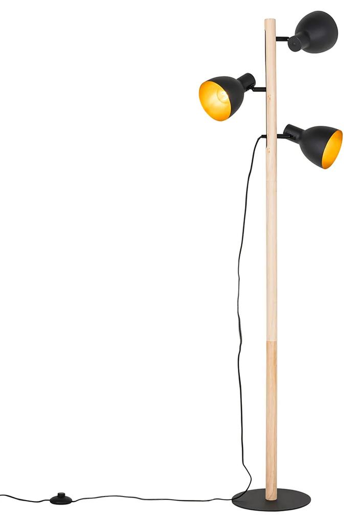 Landelijke vloerlamp zwart met hout 3-lichts - Flint Landelijk E27 Binnenverlichting Lamp