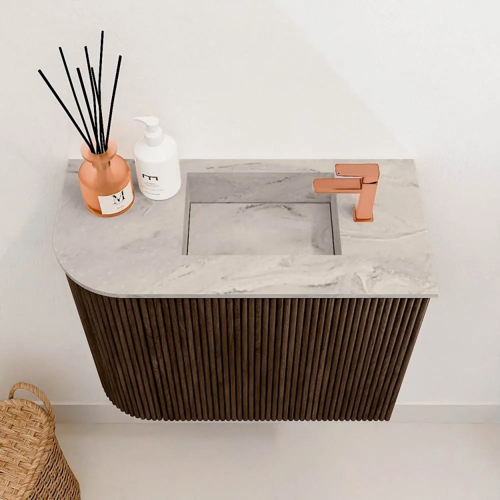Mondiaz Joya DLux 50cm toiletmeubel ronding links walnut met wastafel faye rechts 1 kraangat glace