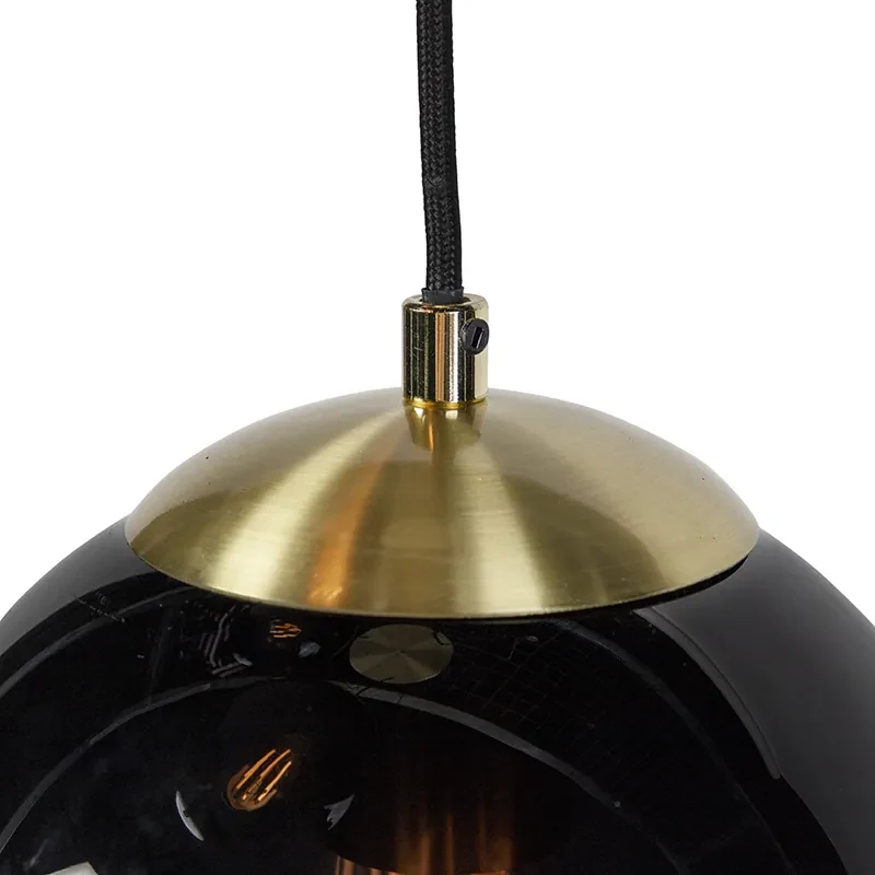 Eettafel / Eetkamer Art Deco hanglamp messing met zwart glas 3-lichts - Pallon Art Deco E27 bol / globe / rond Binnenverlichting Lamp