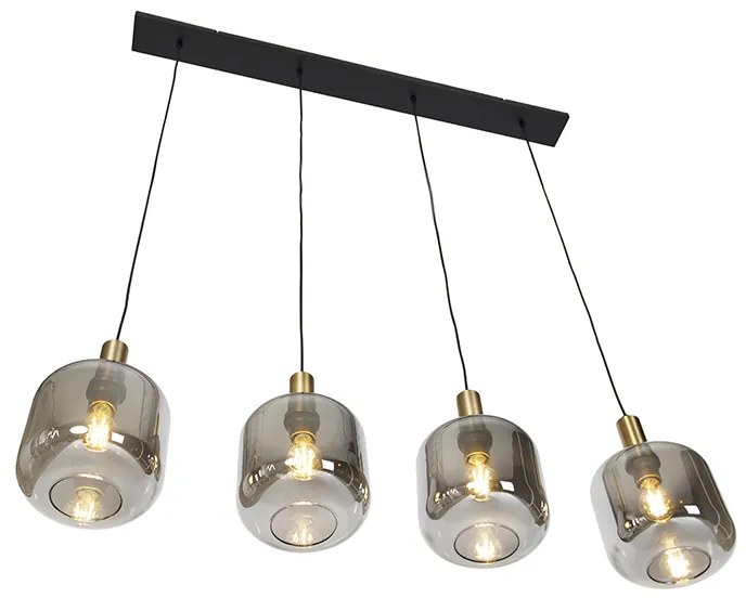 Design hanglamp zwart met goud en smoke glas 4-lichts - Zuzanna