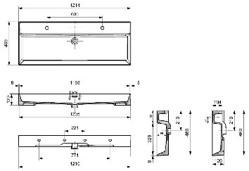 Plieger Kansas wastafel met 2 kraangaten met overloop 120x46.6cm mat zwart