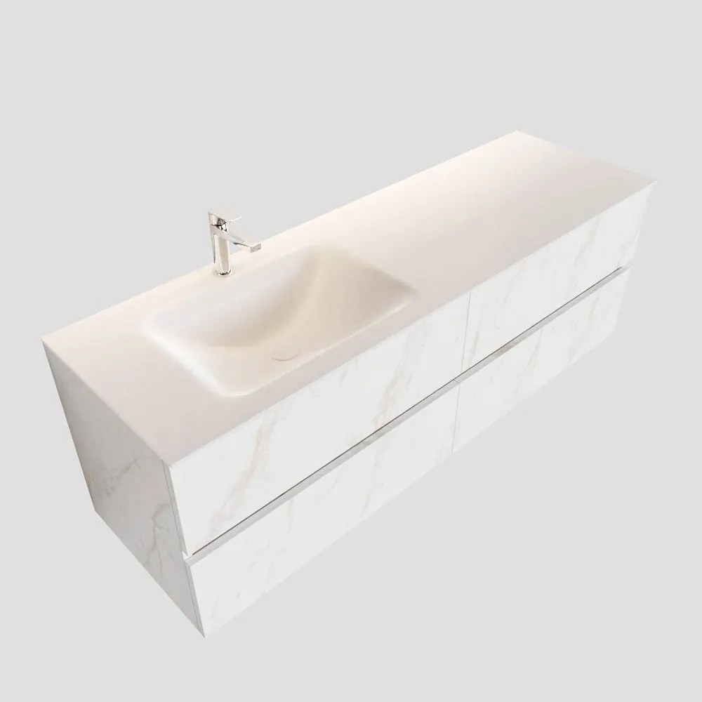 Zaro Valencia Solid Surface badmeubel 150cm mat wit marmer 1 kraangat spoelbak links met 4 lades