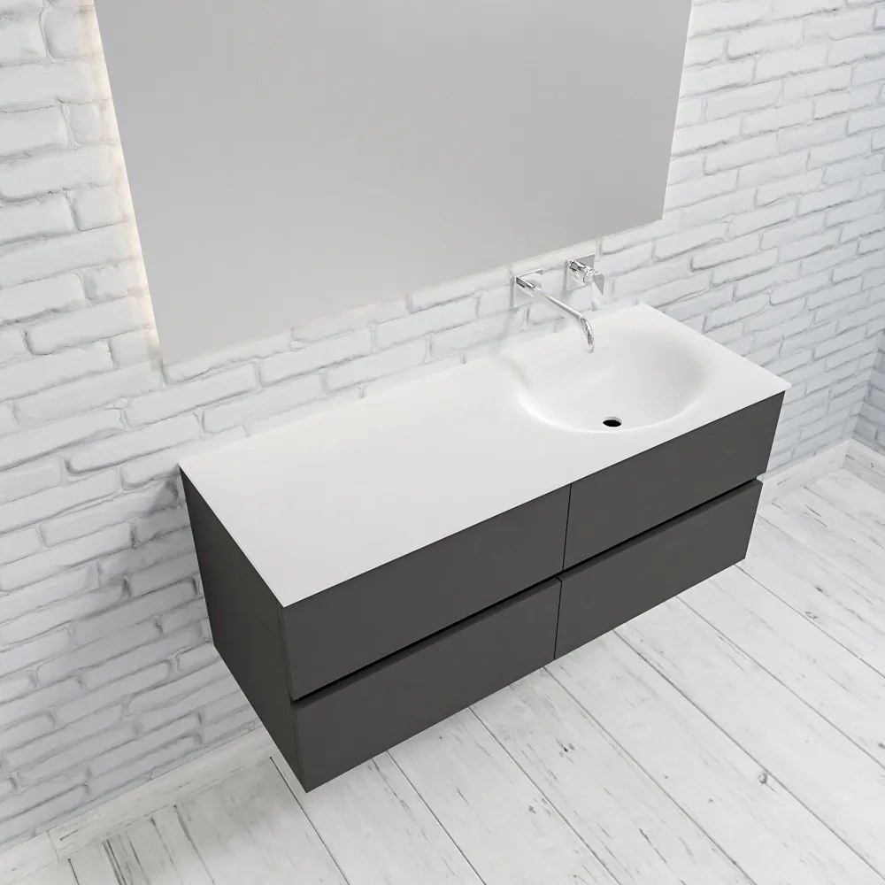 Zaro Sevilla Solid Surface badmeubel 120cm mat antraciet zonder kraangat spoelbak rechts 4 lades