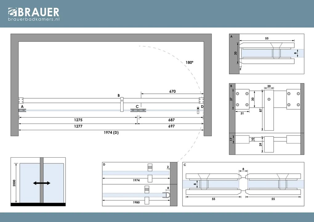 Brauer Void profielloze nisdeur 200cm met draaideur 70cm aan glas RVS geborsteld PVD