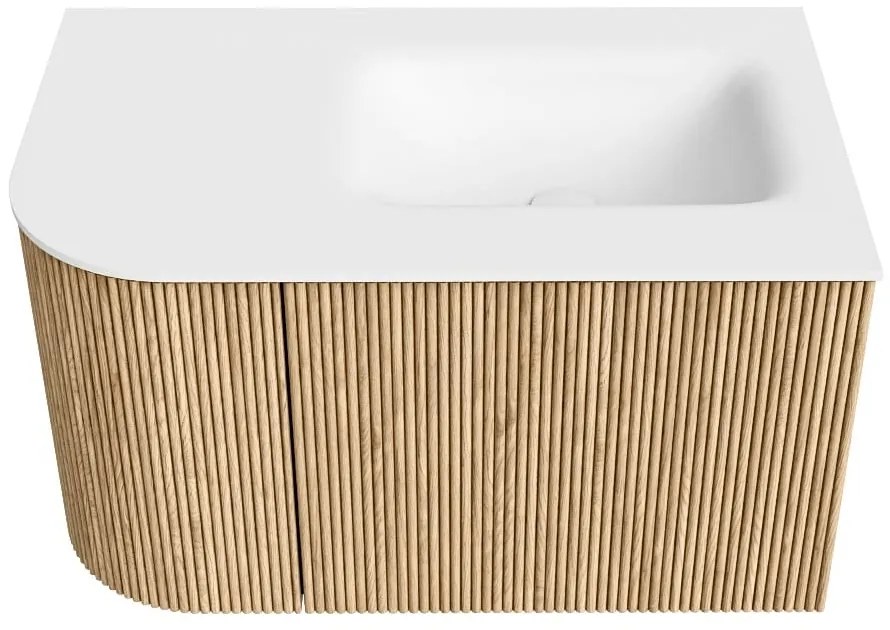 Mondiaz Kurve 75cm badmeubel ronding links oak met 1 lade en deur en wastafel grunne rechts zonder kraangat