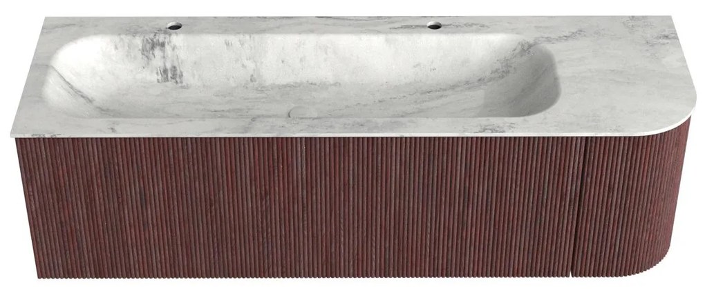 Mondiaz Kurve-dlux 145cm badmeubel ronding rechts ruby met 1 lade en deur en wastafel big large links 2 kraangaten opalo
