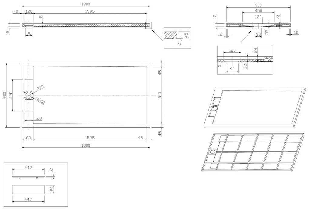 Best Design Decent solid surface douchebak mat wit 180x90x4,5cm