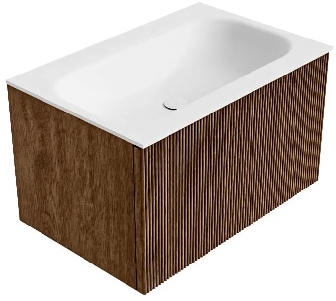 Mondiaz Kurve 70cm badmeubel walnut met 1 lade en wastafel big small midden zonder kraangat