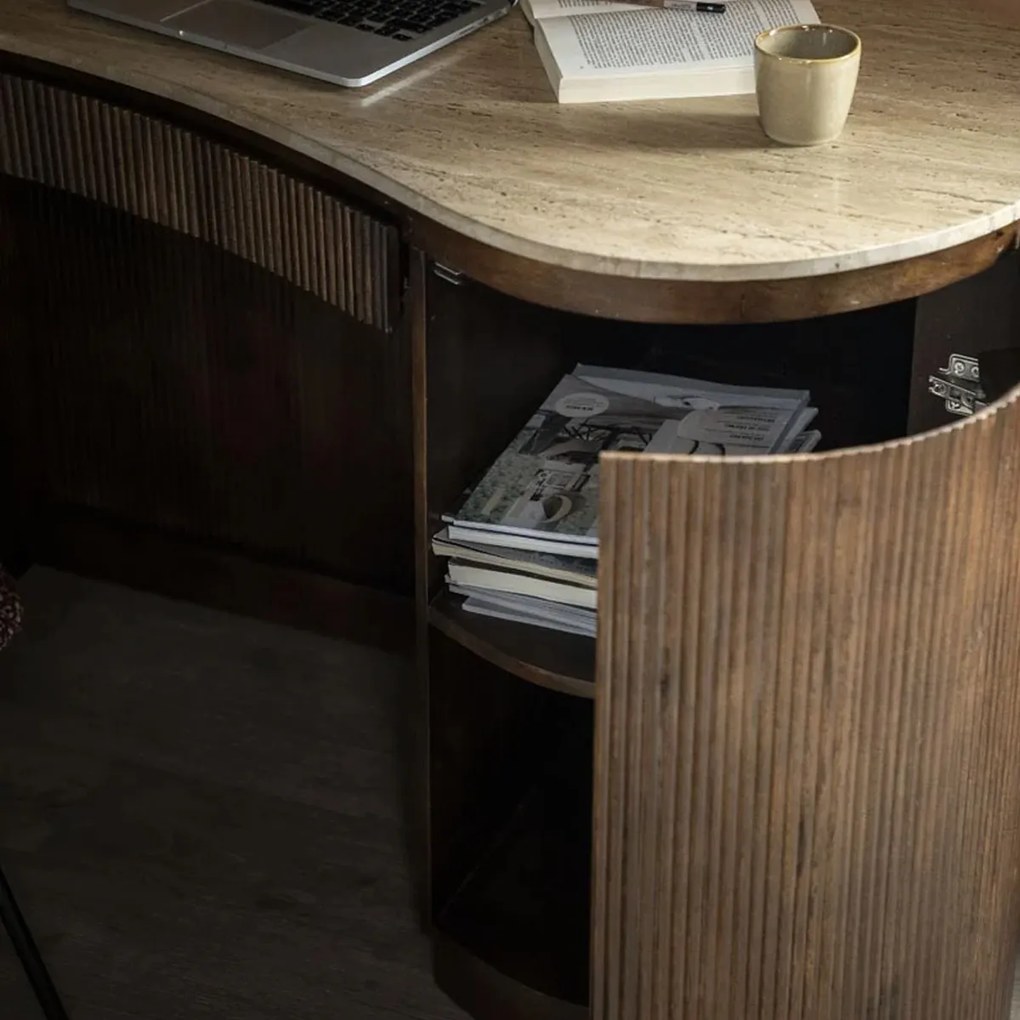 Eleonora Mari Travertin Bureau Met Ribbel Hout - 129 X 60cm.