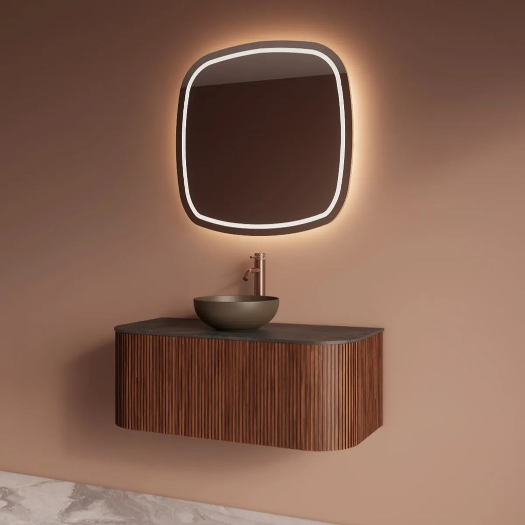 Gliss Design Alluro badmeubel ribbelfront met ronding links/rechts 100cm walnut en zwart leisteen toppaneel