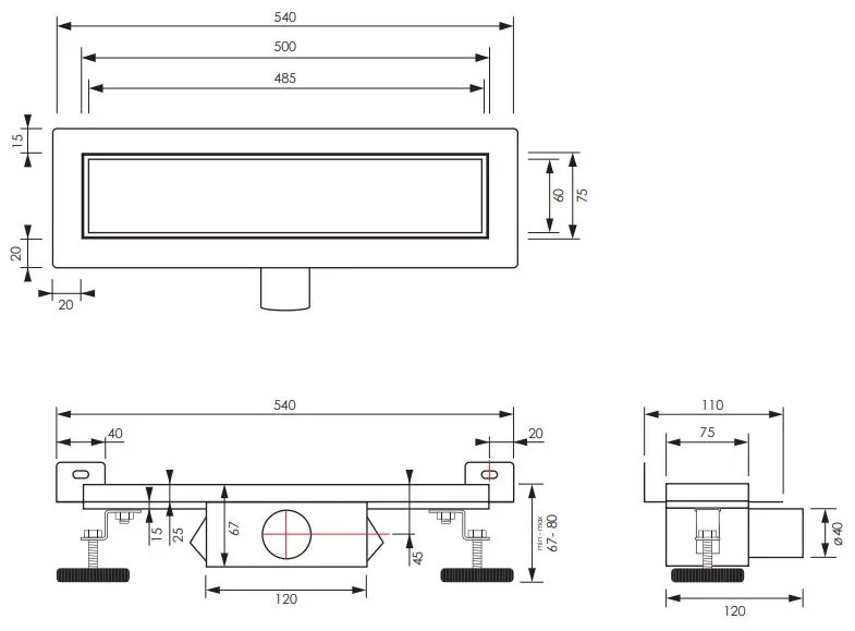 Brauer douchegoot 50x7cm met multifunctioneel rooster en muurflens RVS geborsteld