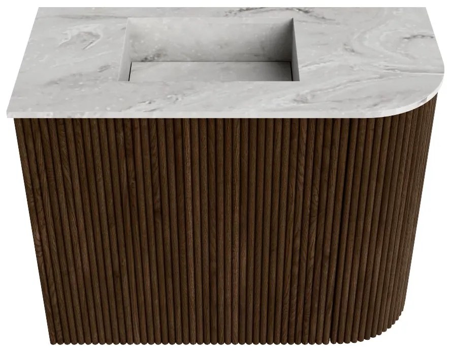 Mondiaz Joya DLux 50cm toiletmeubel ronding rechts walnut met wastafel faye links zonder kraangat glace