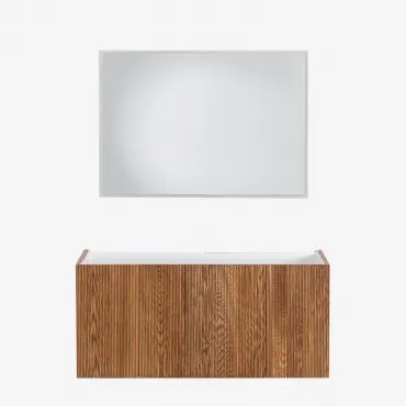 Badkamermeubelset In Hout Met Geïntegreerde Wastafel Fiore Donker Hout & Rechthoekige Led En Anticondens 100x70 Cm Riben & Zonder Kraan - Sklum