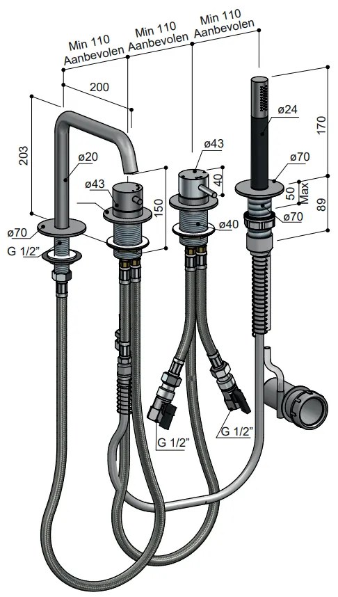 Hotbath Archie 2-wegs badrandcombinatie met uitloop gunmetal geborsteld PVD