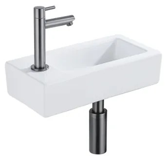 QeramiQ Fuente Fonteinset - 37.5x18.5x9cm - keramiek - kraangat links - fonteinkraan gunmetal - afvoerplug - verlaagd sifon - Glans wit SW1122449/SW769487/SW767295/SW696239