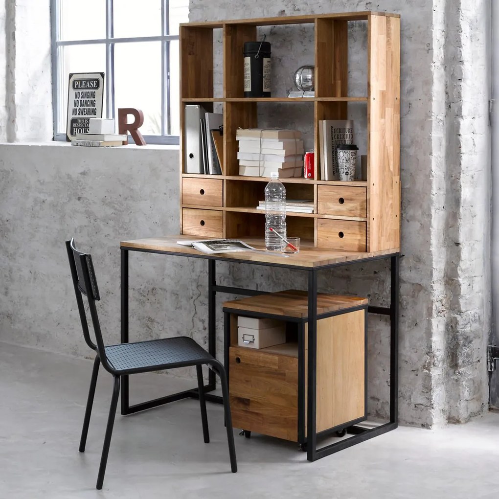 Bureau van eikenhoutfineer met metaal stalen onderstel en opzetstuk Hiba