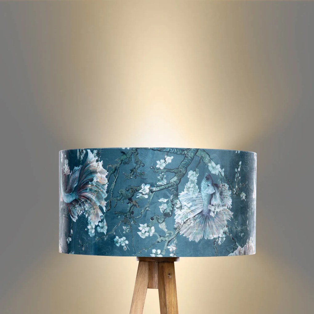 Vloerlamp walnoot hout met velours kap vis dessin 50cm - Tripod Classic Klassiek / Antiek, Landelijk E27 rond Binnenverlichting Lamp