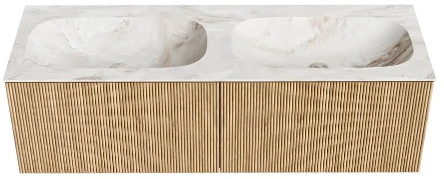 Mondiaz Kurve-dlux 140cm badmeubel oak met 2 lades en wastafel stor small dubbel 2 kraangaten frappe