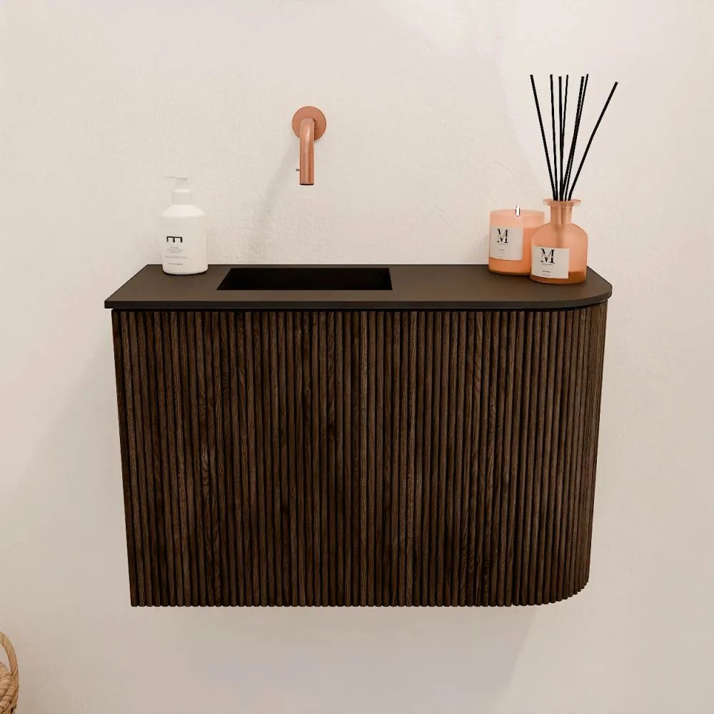 Mondiaz Joya 60cm toiletmeubel ronding rechts walnut met wastafel faye links zonder kraangat urban