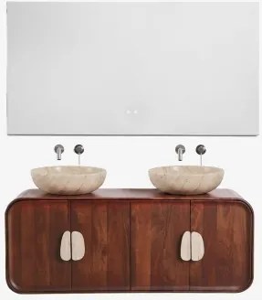 Dubbel Zwevend Badkamermeubelset 130x45 Cm Van Mangohout En Natuurlijke Kivalina-steen Rectangular Led And Antifog 140x75 Cm Riben & 2 X Geborsteld Gr