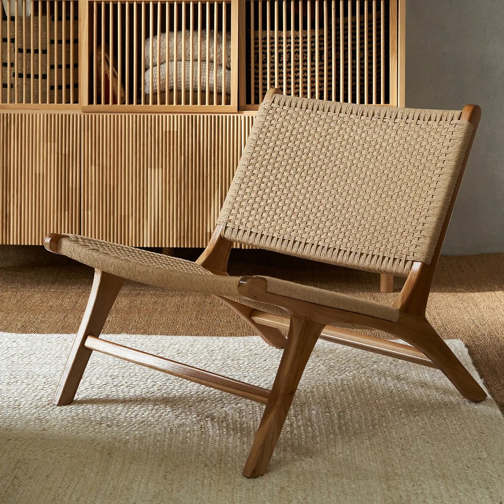 Lounge fauteuil in teak en gevlochten koord, Amanda