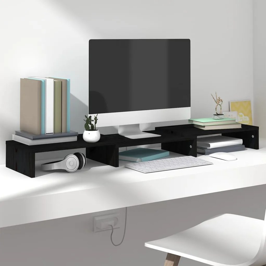 vidaXL Monitorstandaard 80x24x10,5 cm massief grenenhout zwart