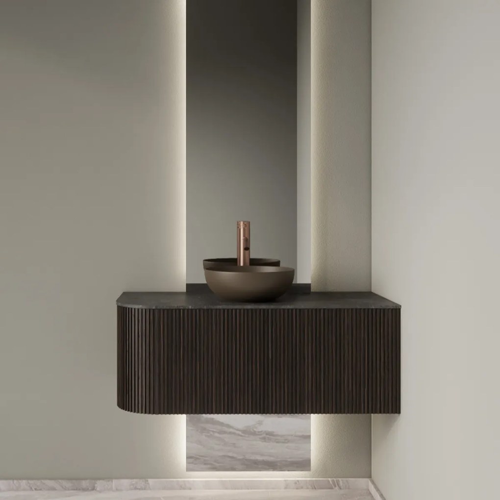 Gliss Design Alluro badmeubel ribbelfront met ronding links 100cm ebony en zwart leisteen toppaneel