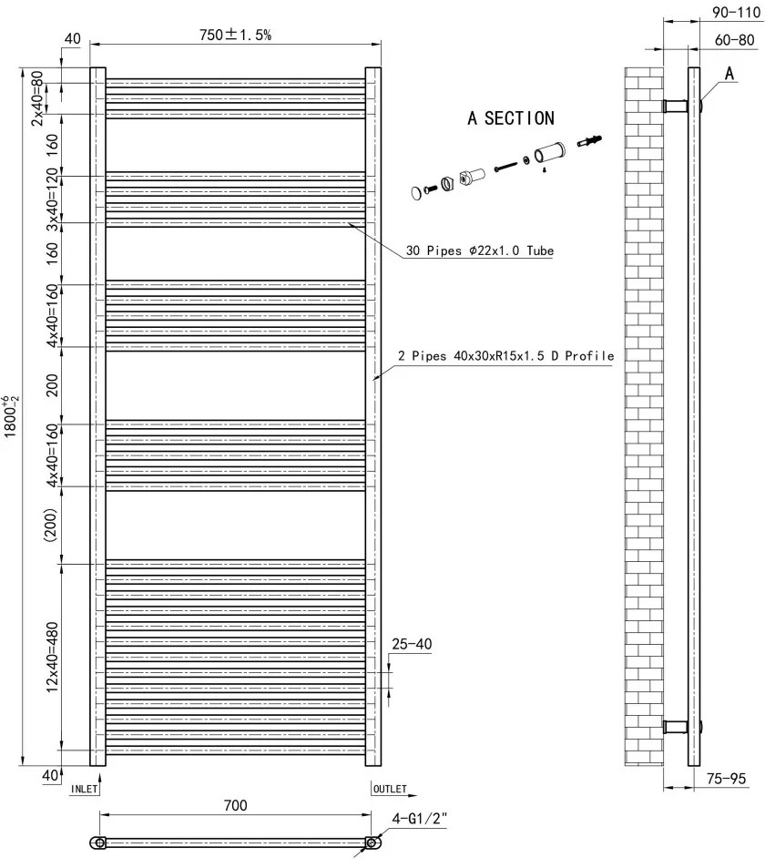 Eastbrook Wendover handdoekradiator 75x180cm 1193W antraciet mat