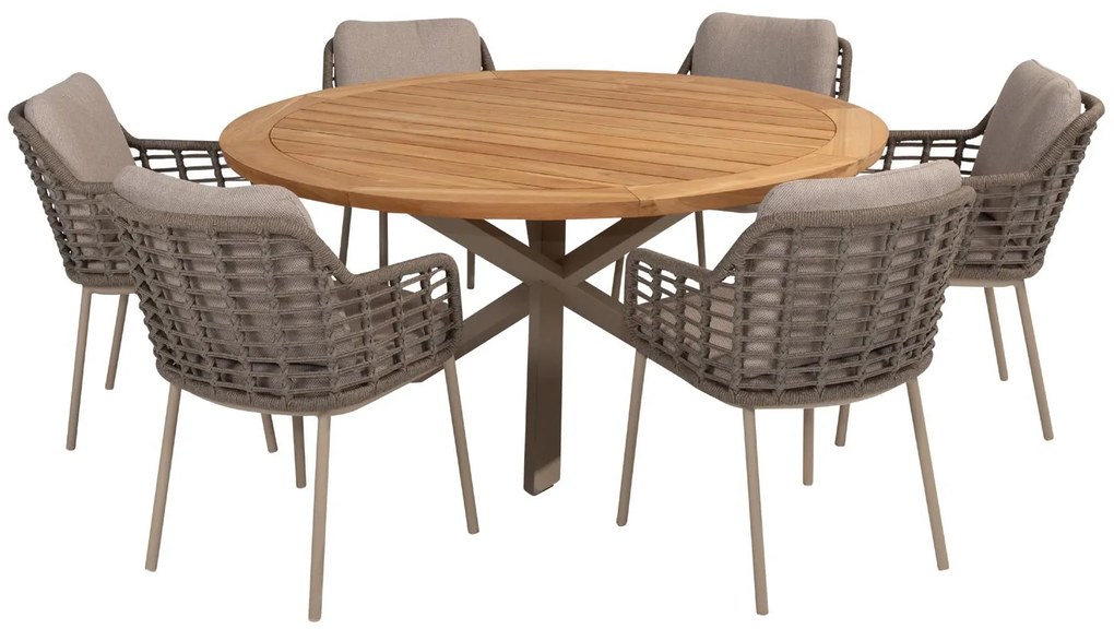 Taste by 4 Seasons Puglia tuinset latte met Prado tafel met teak blad Ø 160 cm SALE Tuinset taupe weerbestendig