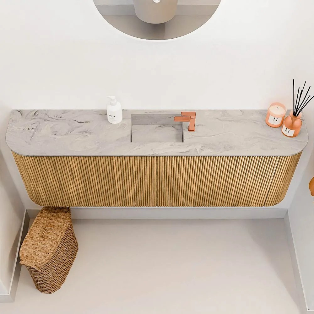 Mondiaz Joya DLux 125cm toiletmeubel ronding links/rechts oak met wastafel faye midden 1 kraangat glace