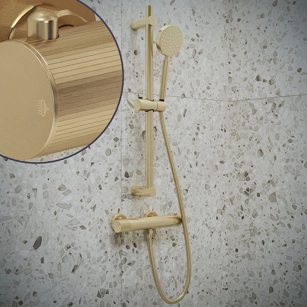 Saniclear Brass Stripes doucheset geborsteld messing / mat goud met thermostatische kraan, handdouche en glijstang