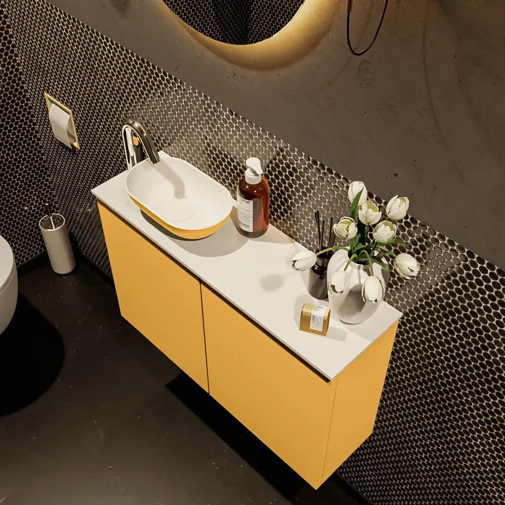 Mondiaz Fowy toiletmeubel 80cm ocher met gele waskom links en kraangat