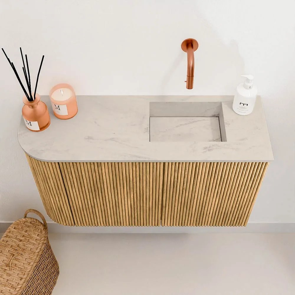 Mondiaz Joya DLux 70cm toiletmeubel ronding links oak met wastafel faye rechts zonder kraangat opalo