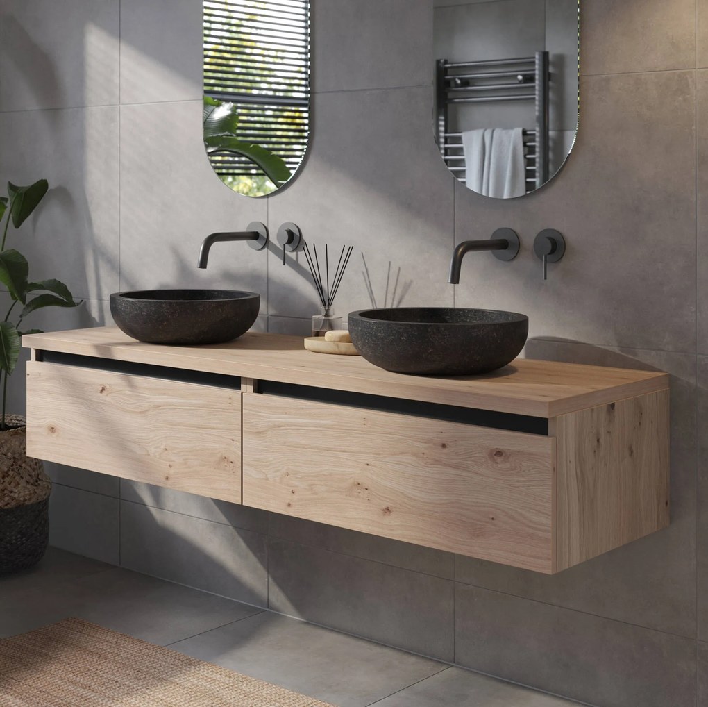 Saqu Gaia badmeubel incl. afdekblad 160x51x32cm naturel eiken – zwarte greeplijst