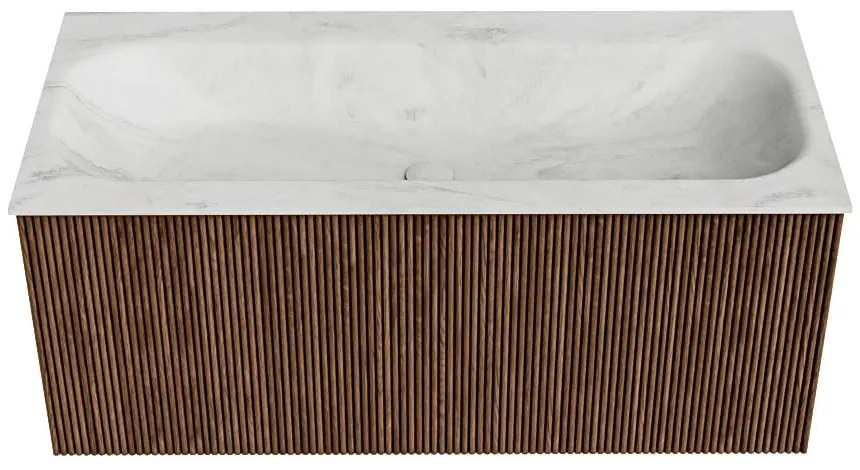 Mondiaz Kurve-dlux 100cm badmeubel walnut met 1 lade en wastafel big medium midden 1 kraangat opalo