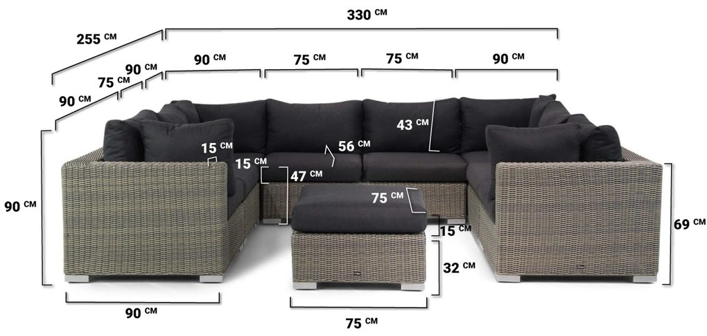 U-Vorm Loungeset 8 personen Wicker Taupe Garden Collections Toronto