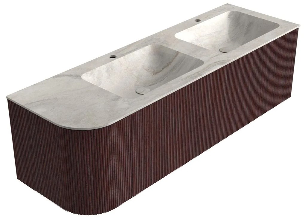 Mondiaz Kurve-dlux 145cm badmeubel ronding links ruby met 1 lade en deur en wastafel leaf dubbel/rechts 2 kraangaten ostra